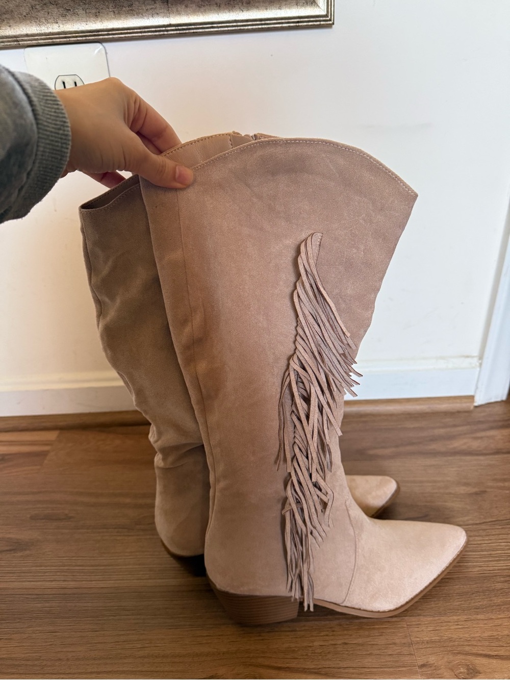 Tucker Beige Faux Suede Knee High Tassle Detail Western Boots - Picture 1 of 11
